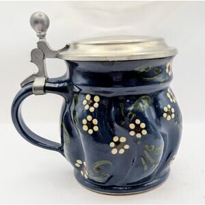 Vintage Cobalt Blue Glazed Stoneware Coffee Mug Or Stein Raised Floral Design